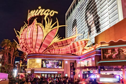 Las Vegas,  USA - March 3, 2019: Neon lights of the Flamingo Hotel and Casino on the Las Vegas Strip at night