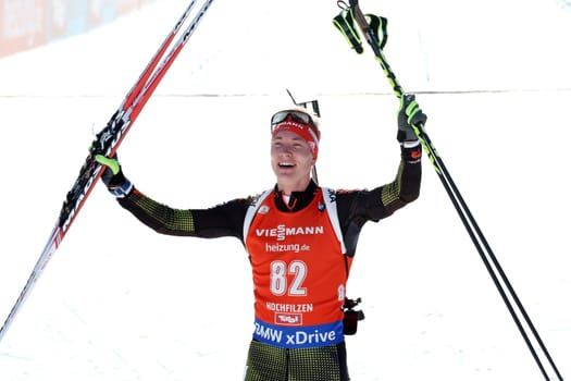Had a good laugh: The new Sprint World Champion Benedikt Doll (SZ Breitnau) celebrates at the IBU Biathlon World Championships Hochfilzen 2017 - Sprint Men