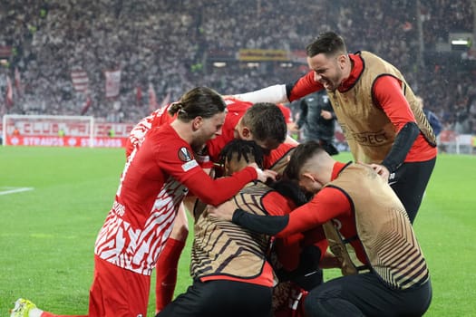 Football and pure emotions,The team around Christian Günter (SC Freiburg) celebrates the late 2:2 equalizer by Roland Sallai (SC Freiburg) at Soccer Europa League - Qualification 1/8 Final,SC Freiburg vs RC Lens