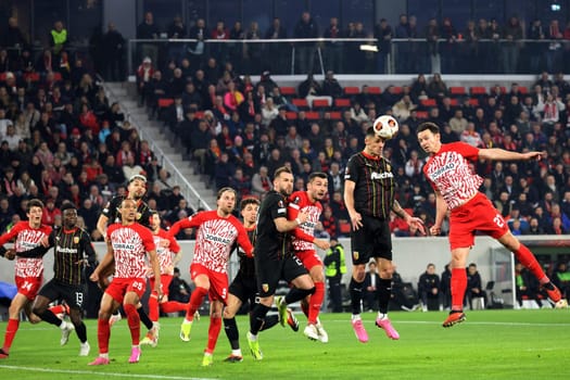 Nicolas Höfler's (SC Freiburg) header was one of the few chances for Freiburg in the match of the Football Europa League - Qualification 1/8 Final,SC Freiburg vs RC Lens