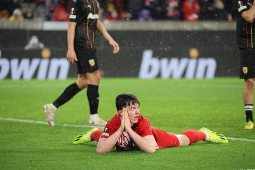 The only thing left to do is pray: Michael Gregoritsch (SC Freiburg) after a missed chance to score in the match of the Football Europa League - Qualification 1/8 Final,SC Freiburg vs RC Lens