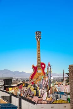 Las Vegas, USA - March 10, 2019: Old hard rock cafe sign at Gibson guitar  in the neon museum Las Vegas, USA.