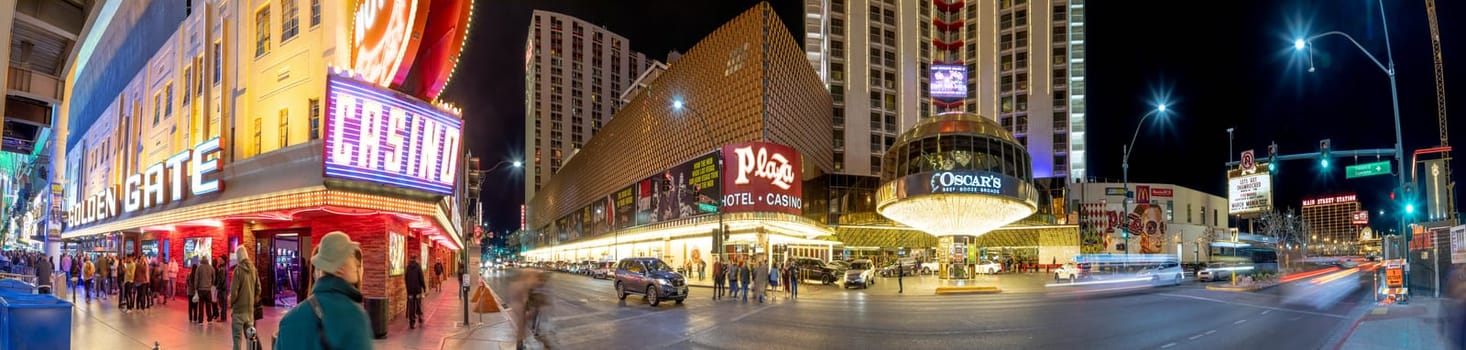 Las Vegas, USA - March 2019:  the illuminated Casinos at Fremont street in Las Vegas by night. Fremont street was the first place for Casinos in Las Vegas.