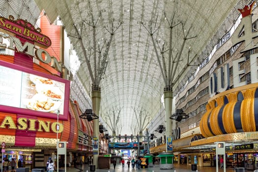 Las Vegas, USA - March 10, 2019: panoramic view of Fremont street with casinos in early morning in Las Vegas, USA.