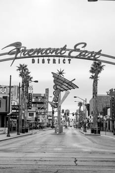 Las Vegas, USA - March 10, 2019: Fremont East district entrance sign with neon sculptures in early morning light in old part of Las Vegas, USA.