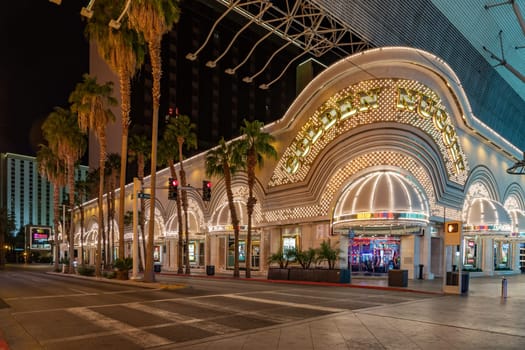 Las Vegas, USA - March 11, 2019: casino golden Nugget by night in Fremont street in Las Vegas, USA.