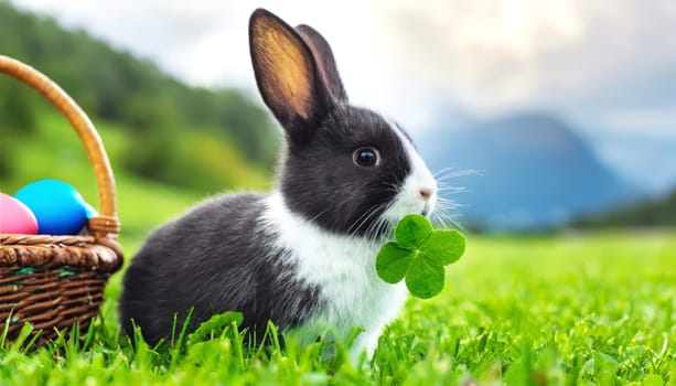 Little bunny sits on an alpine meadow, next to it is a basket with colorful Easter eggs.