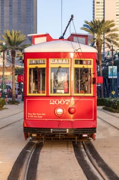 New Orleans, USA - October 25, 2023: people in New Orleans use the street car in early morning to go to town and work.