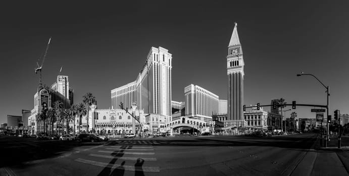 Las Vegas, USA - May 24, 2022: view to hotels and casinos at the Strip in daytime with neon advertising.