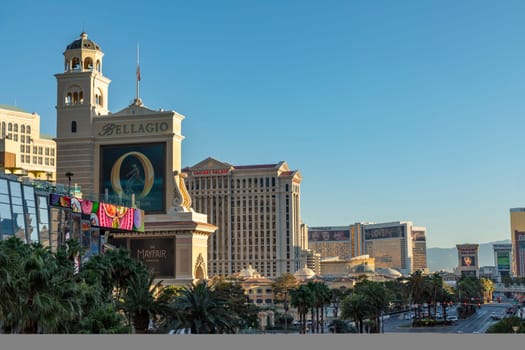 Las Vegas, USA - May 25, 2022: view to Bellagio Hotel and caesars palace with view to the Strip in early morning.