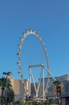 Las Vegas, USA - May 25, 2022: view to high roller ferries wheel in Las Vegas. It is the worlds largest observation wheel.