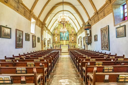 Carmel, USA - March 15, 2019:  church at Carmel Mission San Carlos Borromeo in Carmel, USA. Pope Paul II was worshiping the holy maria at Carmel.