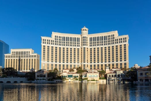 Las Vegas, USA - May 25, 2022: view to Bellagio hotel with reflection in the lake in early morning light, Las Vegas, USA.