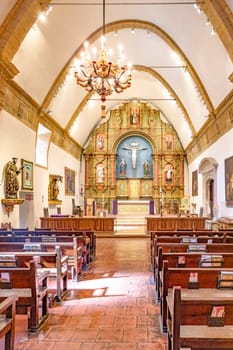 Carmel, USA - March 15, 2019:  church at Carmel Mission San Carlos Borromeo in Carmel, USA. Pope Paul II was worshiping the holy maria at Carmel.