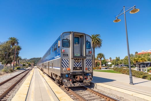 Santa Barbara, USA - March 16, 2019: the pacific surfliner train enters the station at Santa Barbara. The surfliner serves the Route San Diego to San Luis Obispo.