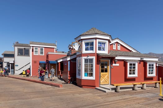 Santa Barbara, USA - March 16, 2019: historic  house at Santa  Barbara pier under blue sky.