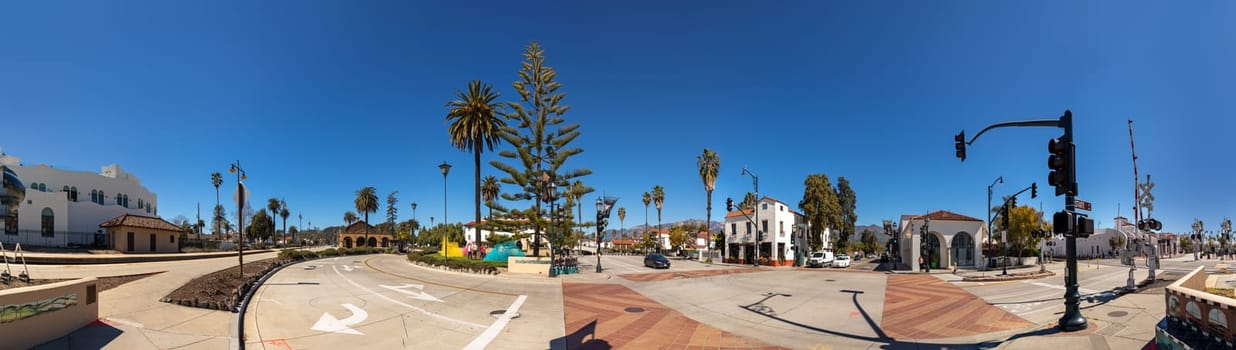 Santa Barbara, USA - March 16, 2019: old historic town square in Santa Barbara with Ronald Reagans Ranch center as cultural meeting place.