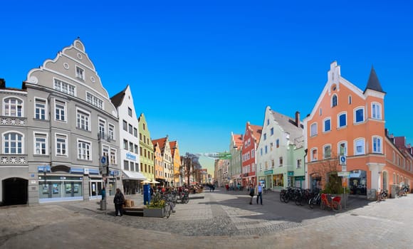 Ingolstadt, Germany - April 6, 2019: view to old town of Ingolstadt with half timbered historic houses downtown and beautiful renovated facades.