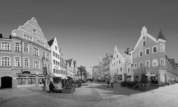 Ingolstadt, Germany - April 6, 2019: view to old town of Ingolstadt with half timbered historic houses downtown and beautiful renovated facades.