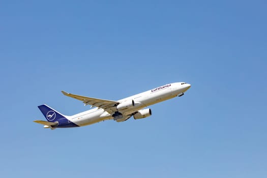 Frankfurt, Germany - May 16, 2020: Lufthansa aircraft at take off.