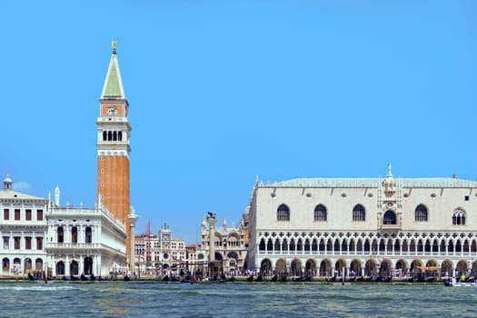 Venice, Italy - July 1, 2022: view to marcus square in venice with the palace of the doges from seaside, Italy.