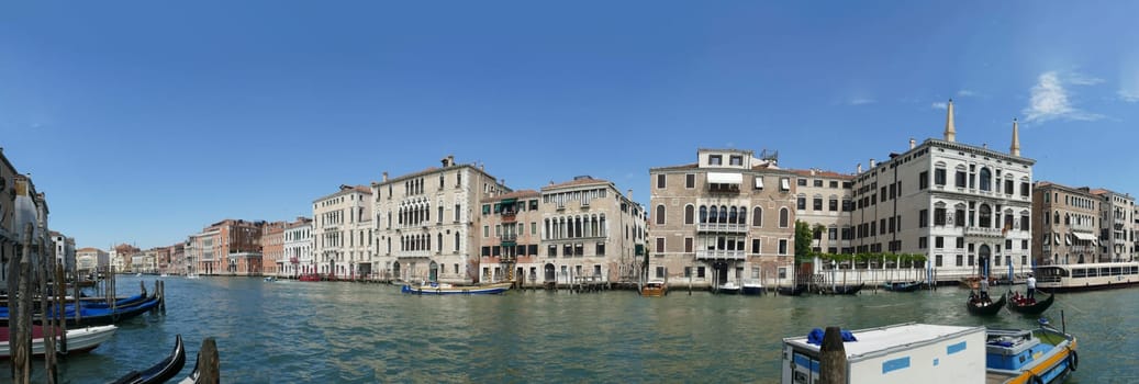 Venice, Italy - July 2, 2021: view from grand canal to the old palaces in Venice, Italy.