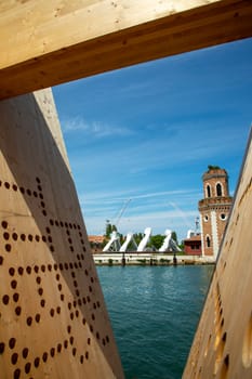 Venice, Italy - July 3, 2021: Lorenzo Quinn's Giant Stone Hands Represent Humanity’s Universal Values At Venice Art Biennale in Venice, Italy.
