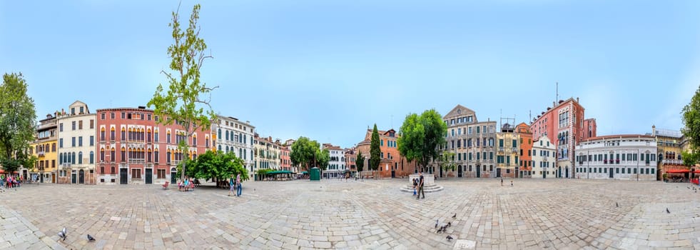 Venice, Italy - July 4, 2021: typical old historic square in San Polo, a quarter of Venice, Italy