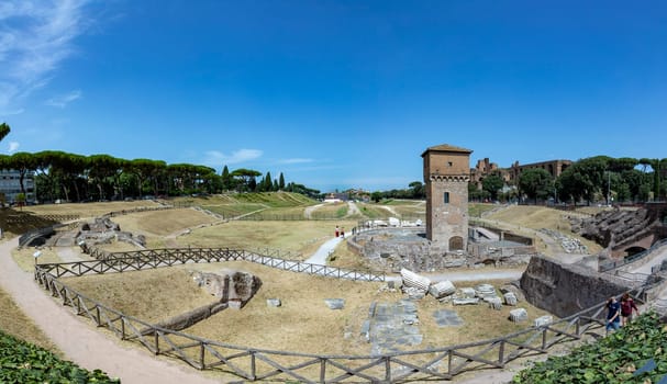 Rome, Italy - August 1, 2021: view to circus maximus, an antique stadium for horse races and other public events in ancient Rome, Italy