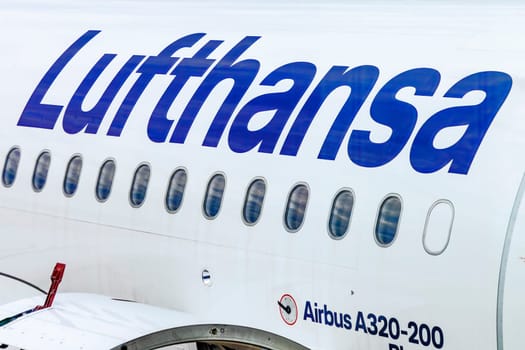 Frankfurt, Germany - August 6, 2021: Lufthansa logo at an aircraft at the Airport of Frankfurt, Germany.