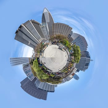 San Francisco, USA - May 19, 2022: panoramic  perspective of skyscraper downtown  financial district seen from Portsmouth square in CHinatown of San Francisco, USA