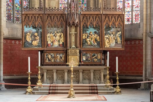 Rouffach, France - October 9, 2021: scenic old Altar from the 15th centurty in Mary Assumption church in Rouffach, France.