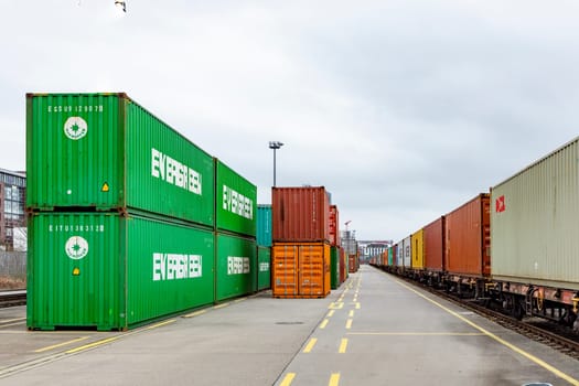 Frankfurt, Germany - January 29, 2022: container at east train station in Frankfurt stapled at the platform.