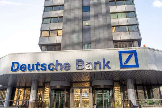Eschborn, Germany - January 28, 2022: logo of Deutsche Bank office in Eschborn, Germany.