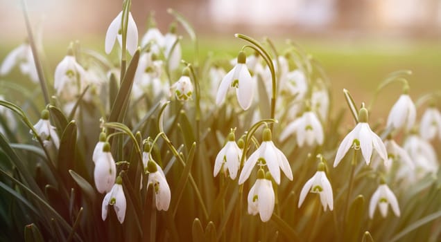 Snowdrop flowers blooming in winter and spring, sunlight shinning through the blossoms and leaves, first wildflower in springtime