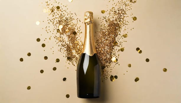 Bottle of champagne with gold glitter and confetti on beige background, flat lay. Hilarious celebration