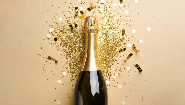 Bottle of champagne with gold glitter and confetti on beige background, flat lay. Hilarious celebration