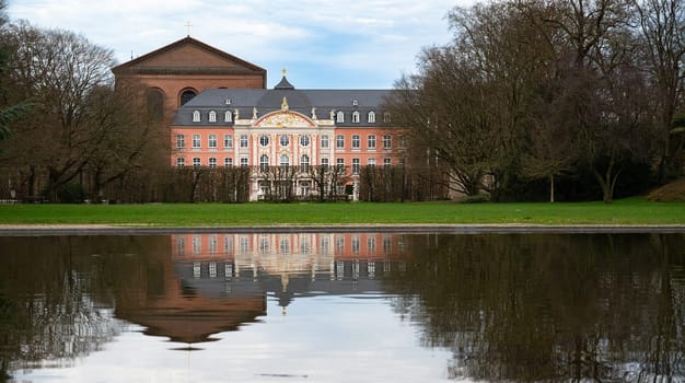 Electoral palace with garden in the roman city of Trier, connected to the constantin basilica, Moselle valley, Rhineland palatinate in Germany