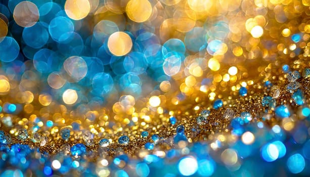 festive celebration holiday christmas, new year, new year's eve background banner template - Abstract gold blue glitter bokeh lights texture, de-focused