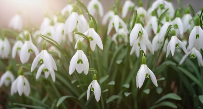 Snowdrop flowers blooming in winter and spring, sunlight shinning through the blossoms and leaves, first wildflower in springtime