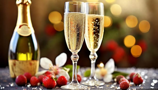 Celebration toast with champagne on bright background with bokeh effect.