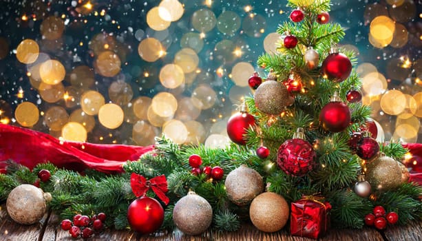 Christmas city street winter blurred background. Xmas tree with snow decorated with garland lights, holiday festive background. Widescreen backdrop. New year Winter