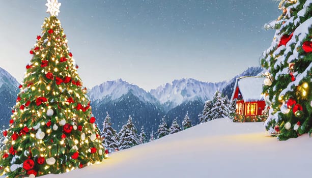 Christmas city street winter blurred background. Xmas tree with snow decorated with garland lights, holiday festive background. Widescreen backdrop. New year Winter