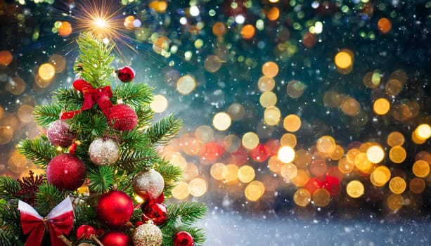 Christmas city street winter blurred background. Xmas tree with snow decorated with garland lights, holiday festive background. Widescreen backdrop. New year Winter
