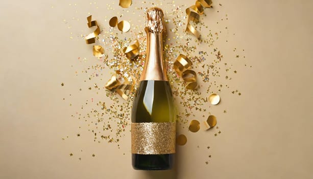 Bottle of champagne with gold glitter and confetti on beige background, flat lay. Hilarious celebration
