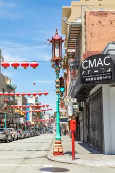 San Francisco, USA - May 19, 2022: panoramic  perspective of skyscraper downtown  financial district seen from Portsmouth square in CHinatown of San Francisco, USA