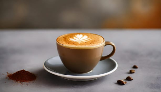 Cup of cappuccino on the table gray and brown background copy space