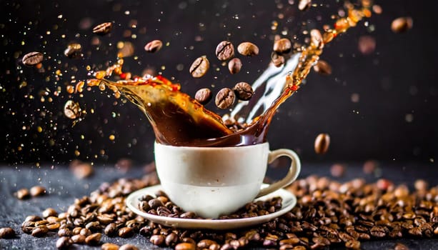 Cup of coffee splashing and coffee beans flying in the air on black background