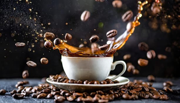 Cup of coffee splashing and coffee beans flying in the air on black background