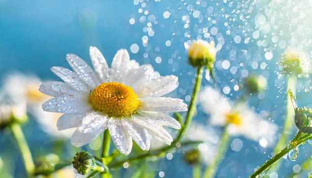 Floral banner with chamomiles and water drops on blue background
